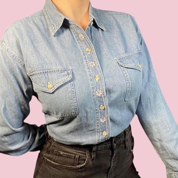 Vintage 90s Snowflake Denim Button Down- Jeans 100% Cotton - Picture 1 of 4
